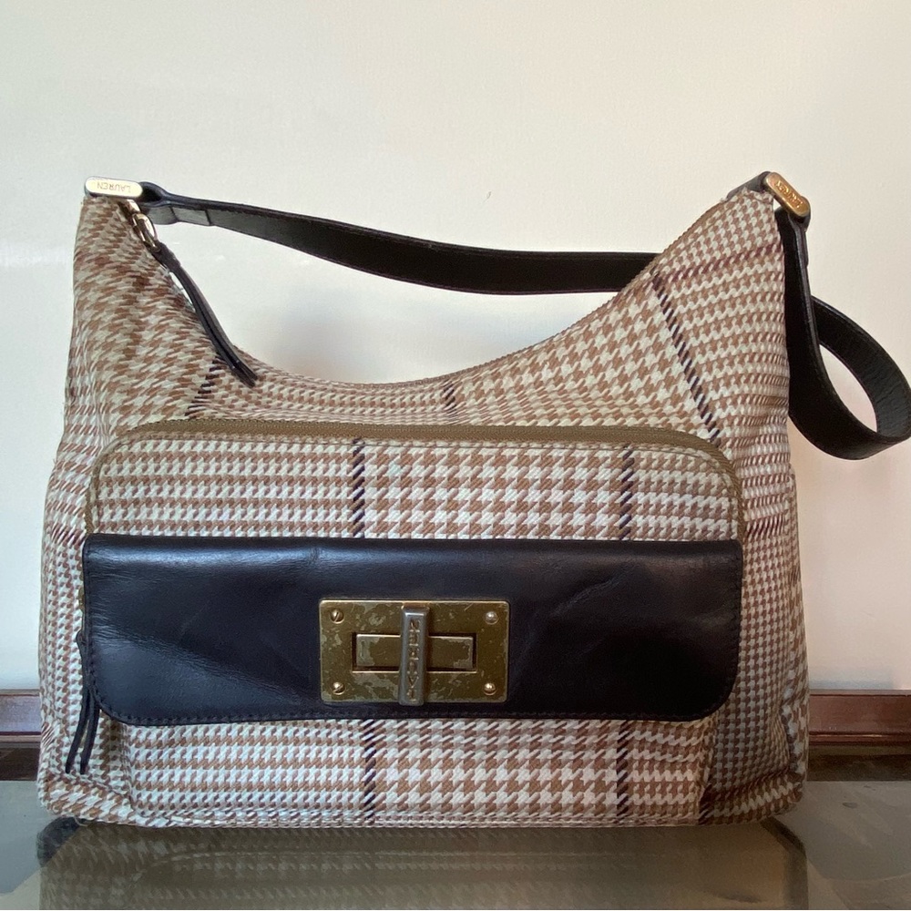 Vintage Lauren Ralph Lauren Houndstooth Tan and Black Hobo Bag